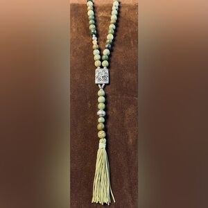 SILVER w/ JADE STONES NECKLACE/ MALA PRAYER BEADS /SILVER MEDALLION W/ CRYSTAL